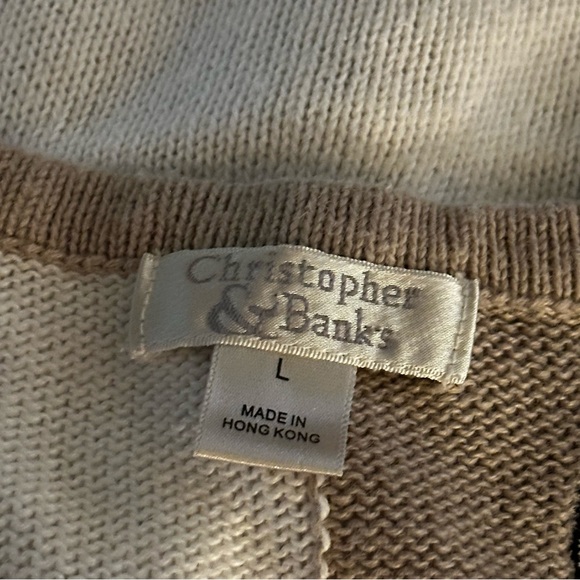 Christopher & Banks Cat Sweater Cardigan Beige White Checkered Short Sleeve - Picture 8 of 11